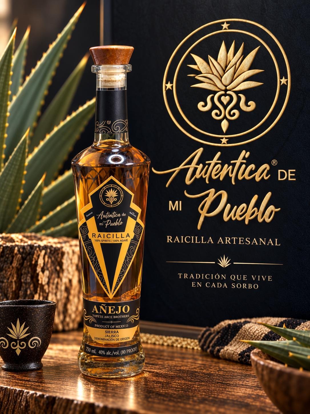 Bottle of Auténtica de Mi Pueblo Raicilla Añejo on a wooden table with agave plants and a gold logo